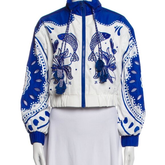 Farm Rio Active Artisanal Embroidered Crop Windbreaker Blue White Bead Tassel XS - Picture 5 of 7